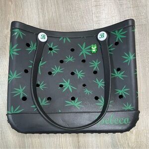 Beleco Rubber Tote Bag With All Around Cannabis Design Black And Green Purse